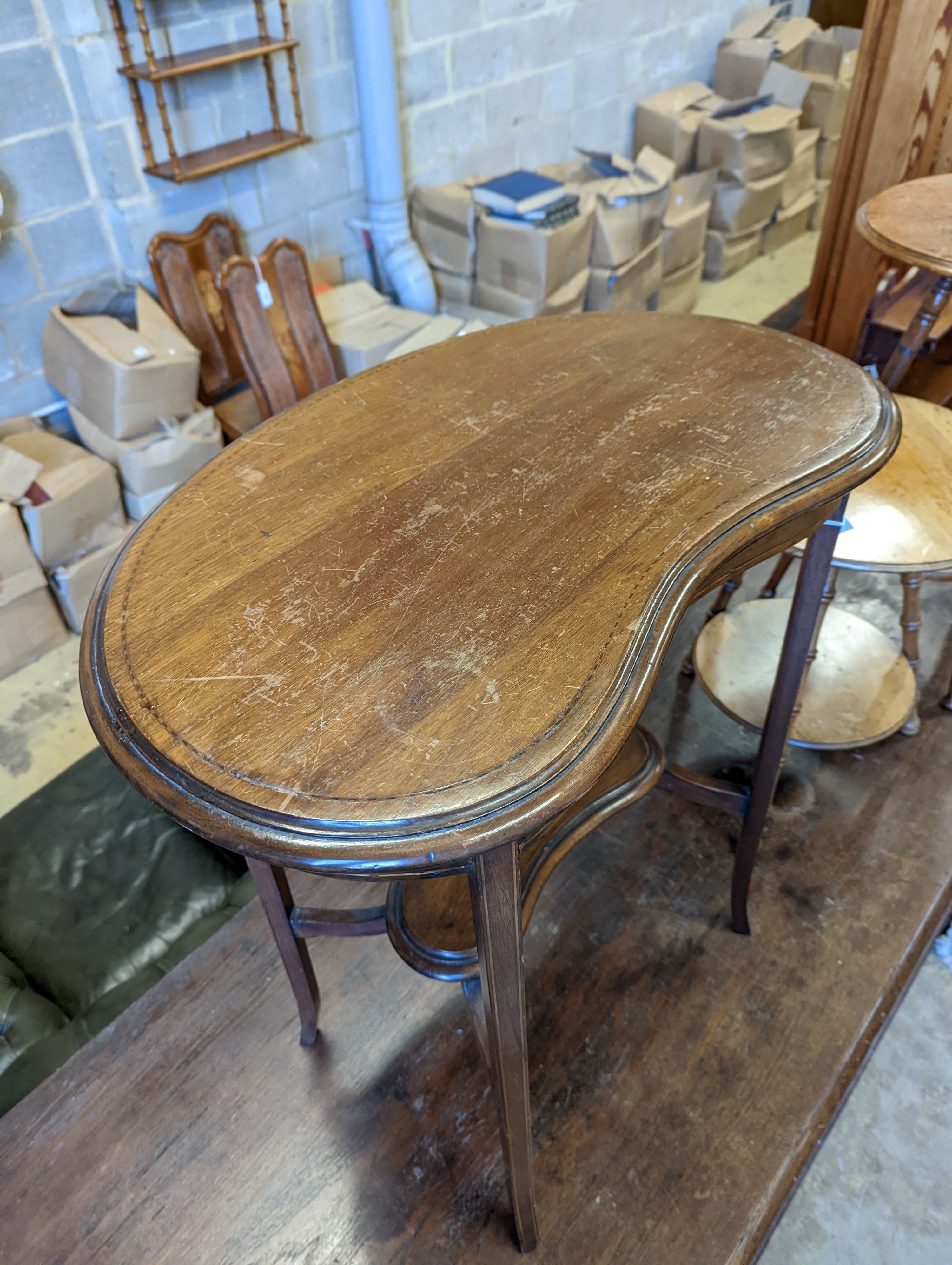 Two Victorian mahogany circular two tier tables, larger 67cm high together with an Edwardian kidney shaped occasional table